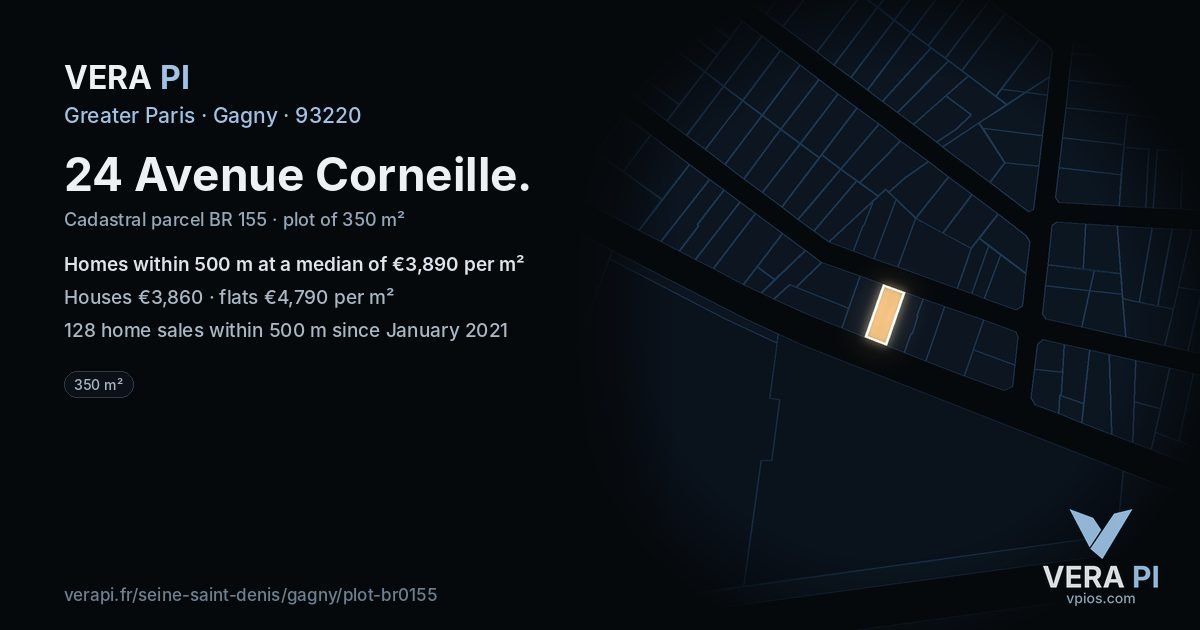 24 Avenue Corneille, Gagny at night – the plot lit, the parcels around coloured by the prices near them