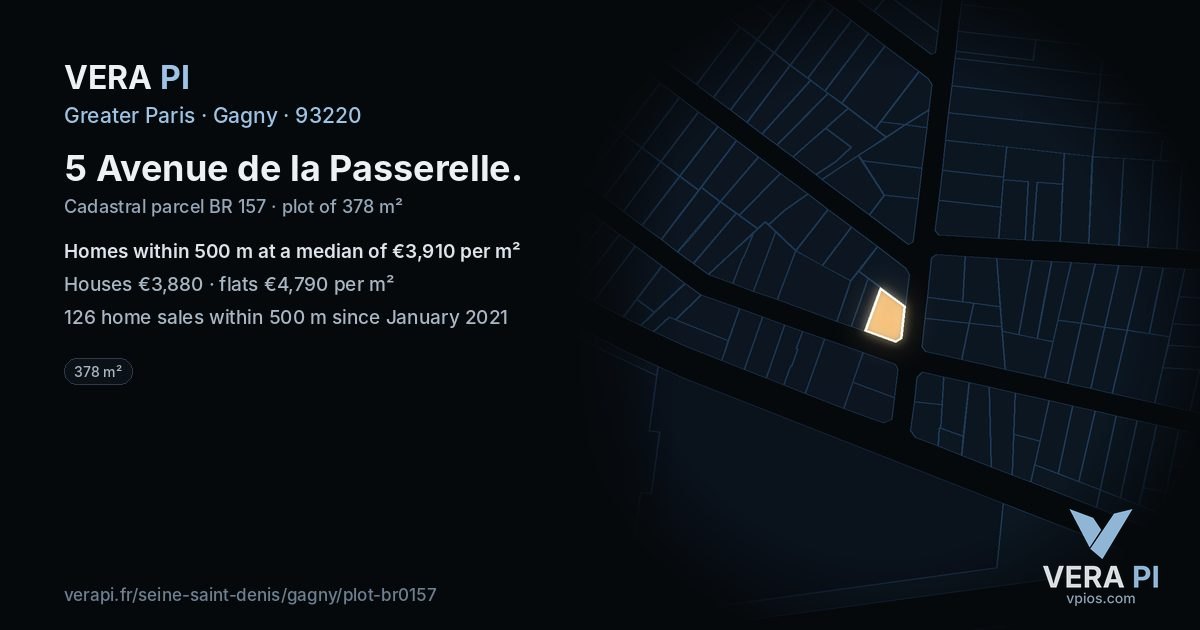 5 Avenue de la Passerelle, Gagny at night – the plot lit, the parcels around coloured by the prices near them
