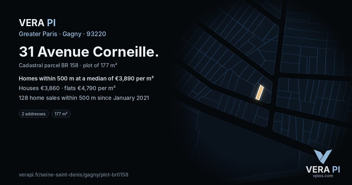 31 Avenue Corneille, Gagny at night – the plot lit, the parcels around coloured by the prices near them