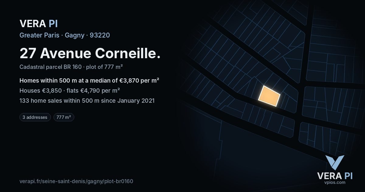 27 Avenue Corneille, Gagny at night – the plot lit, the parcels around coloured by the prices near them