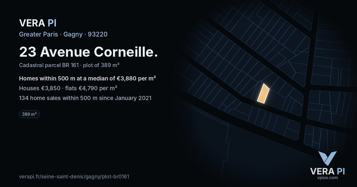 23 Avenue Corneille, Gagny at night – the plot lit, the parcels around coloured by the prices near them