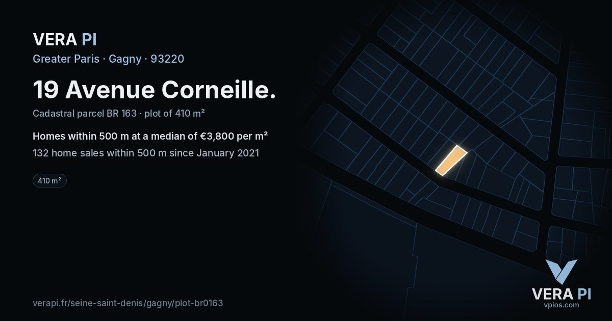 19 Avenue Corneille, Gagny at night – the plot lit, the parcels around coloured by the prices near them