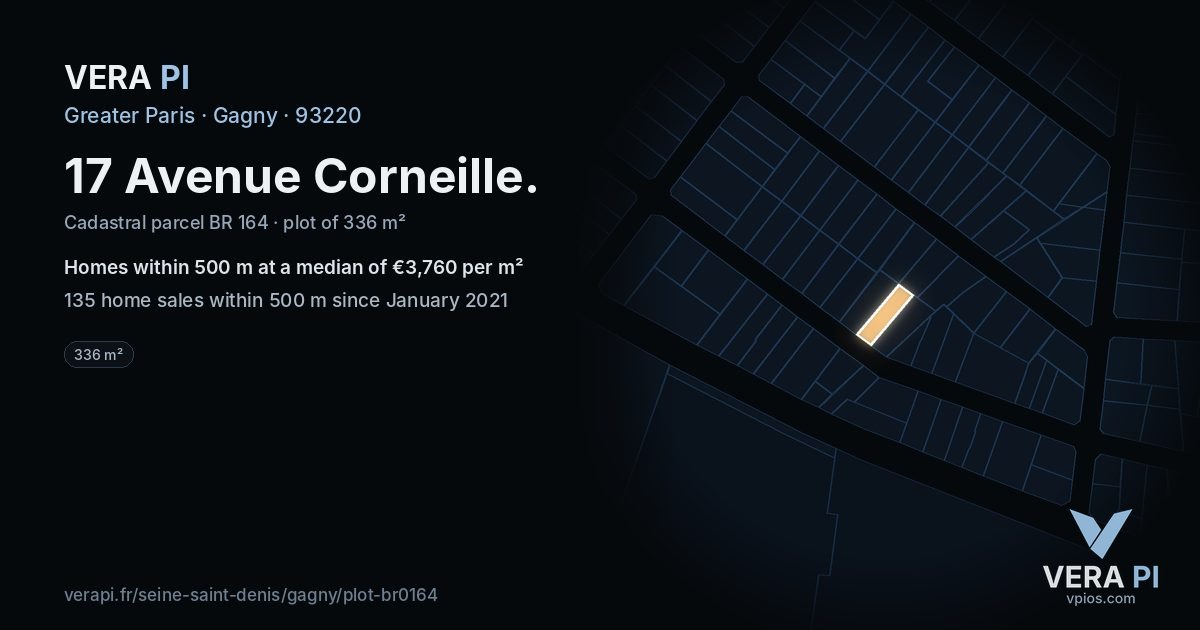 17 Avenue Corneille, Gagny at night – the plot lit, the parcels around coloured by the prices near them