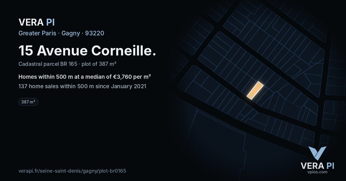15 Avenue Corneille, Gagny at night – the plot lit, the parcels around coloured by the prices near them