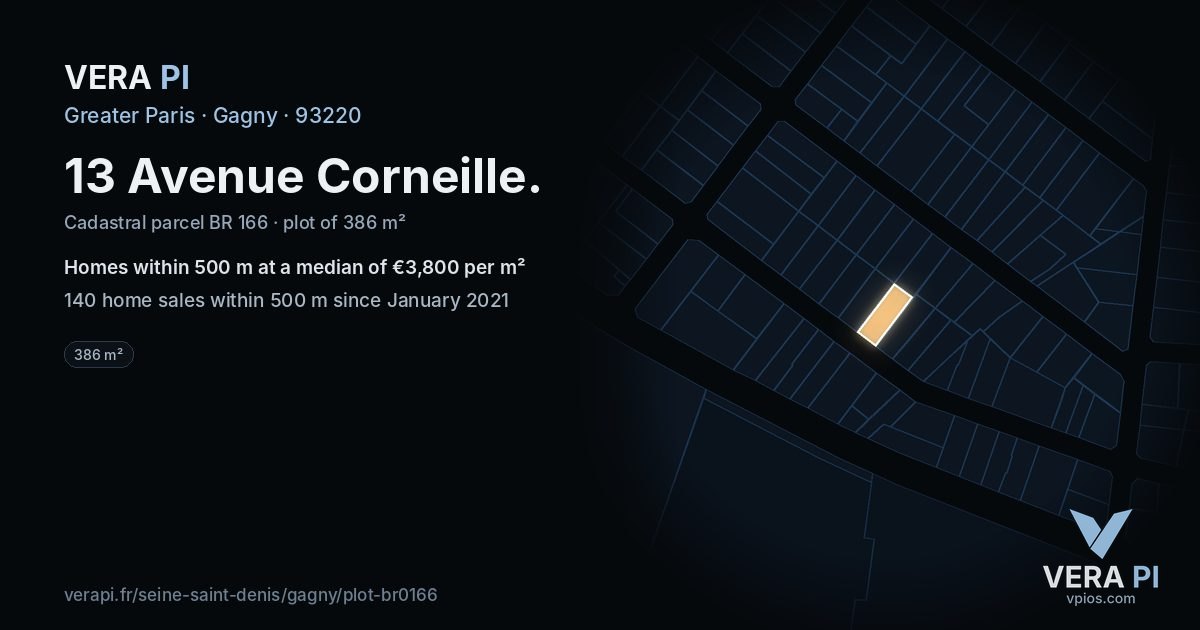 13 Avenue Corneille, Gagny at night – the plot lit, the parcels around coloured by the prices near them