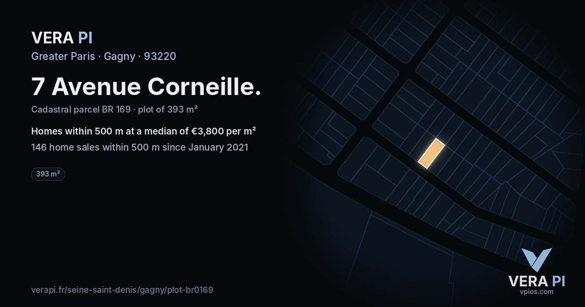 7 Avenue Corneille, Gagny at night – the plot lit, the parcels around coloured by the prices near them
