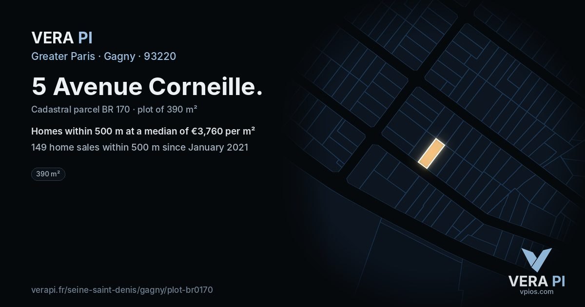 5 Avenue Corneille, Gagny at night – the plot lit, the parcels around coloured by the prices near them