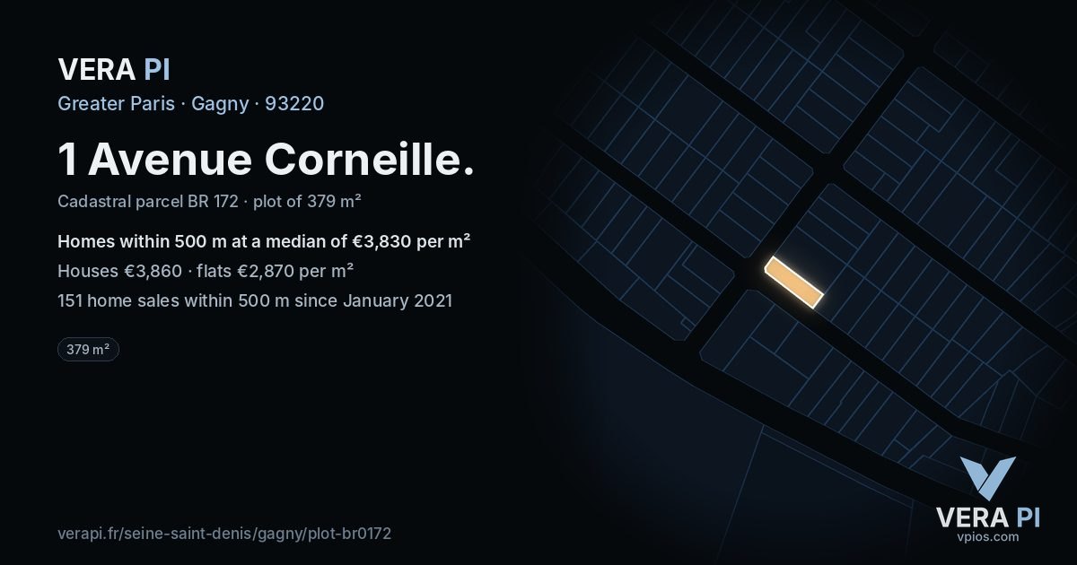 1 Avenue Corneille, Gagny at night – the plot lit, the parcels around coloured by the prices near them