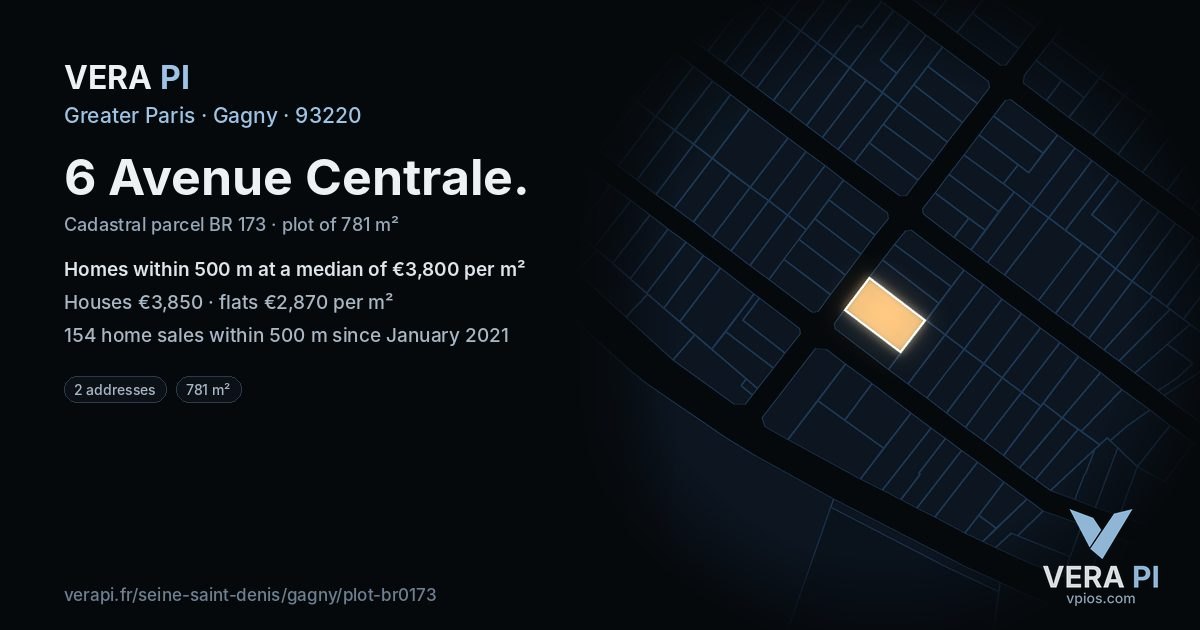 6 Avenue Centrale, Gagny at night – the plot lit, the parcels around coloured by the prices near them
