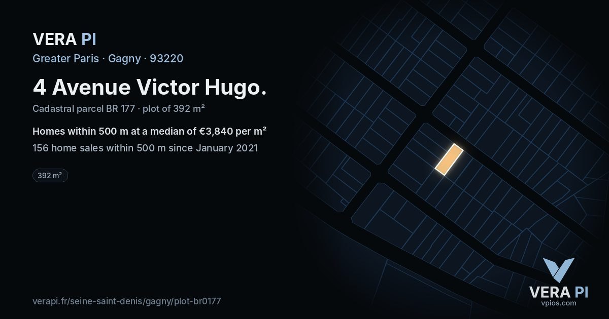 4 Avenue Victor Hugo, Gagny at night – the plot lit, the parcels around coloured by the prices near them