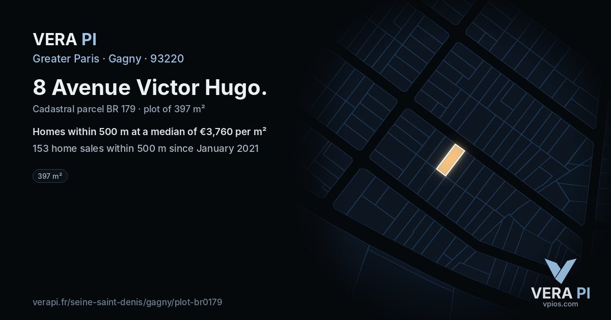 8 Avenue Victor Hugo, Gagny at night – the plot lit, the parcels around coloured by the prices near them