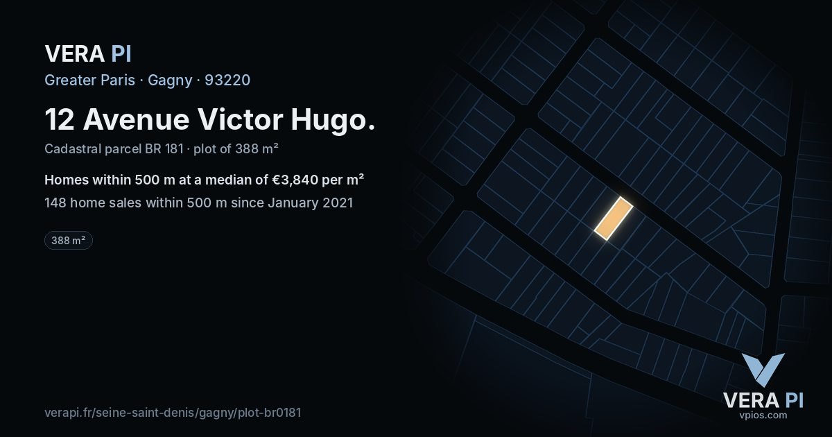 12 Avenue Victor Hugo, Gagny at night – the plot lit, the parcels around coloured by the prices near them