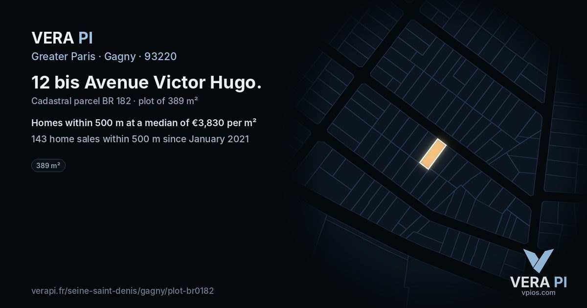 12 bis Avenue Victor Hugo, Gagny at night – the plot lit, the parcels around coloured by the prices near them