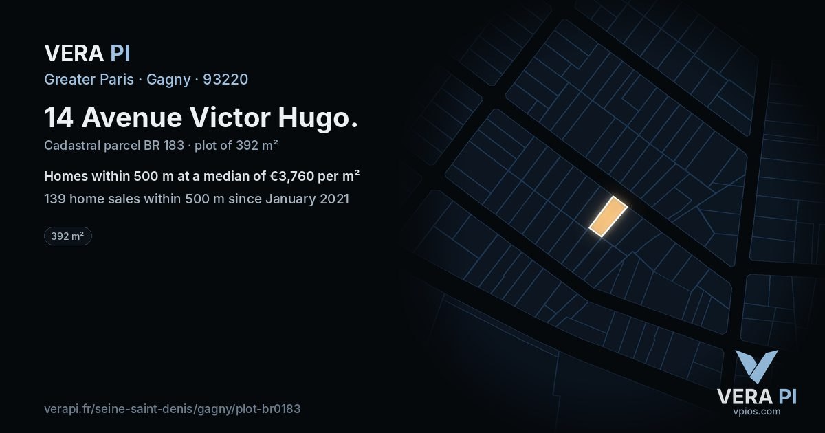 14 Avenue Victor Hugo, Gagny at night – the plot lit, the parcels around coloured by the prices near them