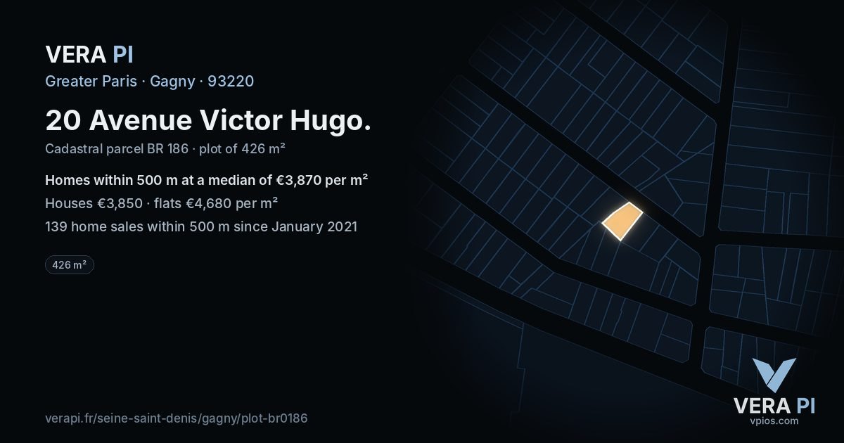 20 Avenue Victor Hugo, Gagny at night – the plot lit, the parcels around coloured by the prices near them
