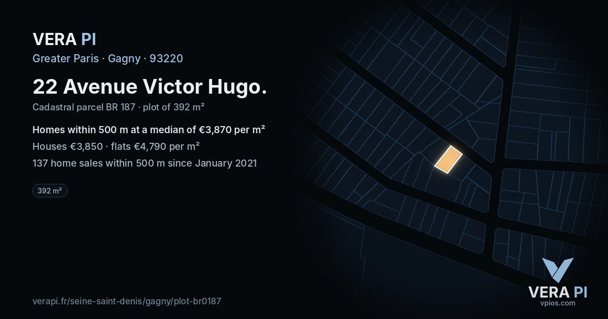 22 Avenue Victor Hugo, Gagny at night – the plot lit, the parcels around coloured by the prices near them