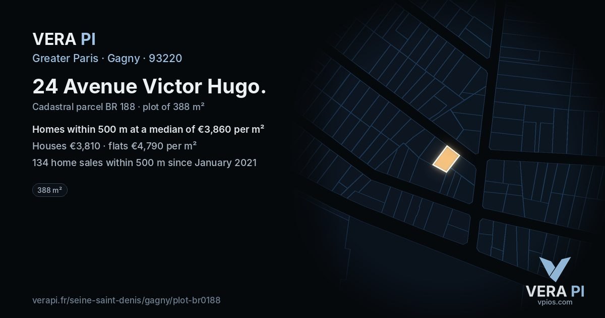 24 Avenue Victor Hugo, Gagny at night – the plot lit, the parcels around coloured by the prices near them