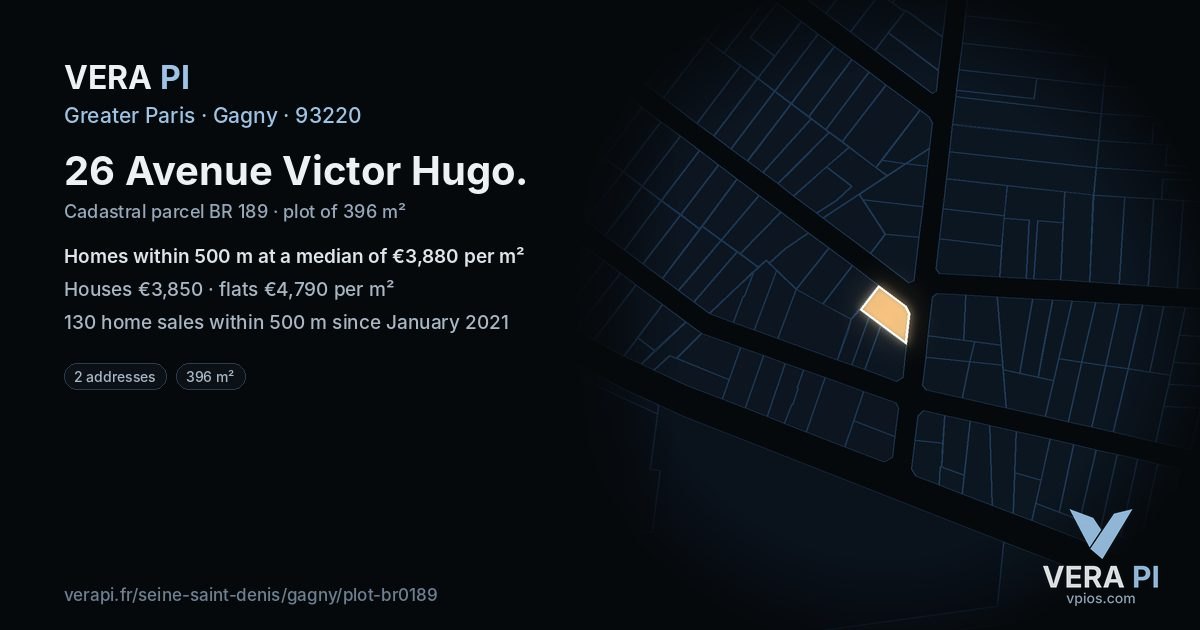 26 Avenue Victor Hugo, Gagny at night – the plot lit, the parcels around coloured by the prices near them