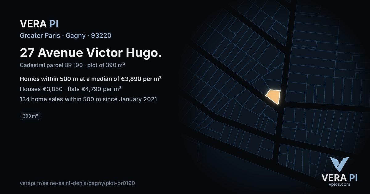 27 Avenue Victor Hugo, Gagny at night – the plot lit, the parcels around coloured by the prices near them