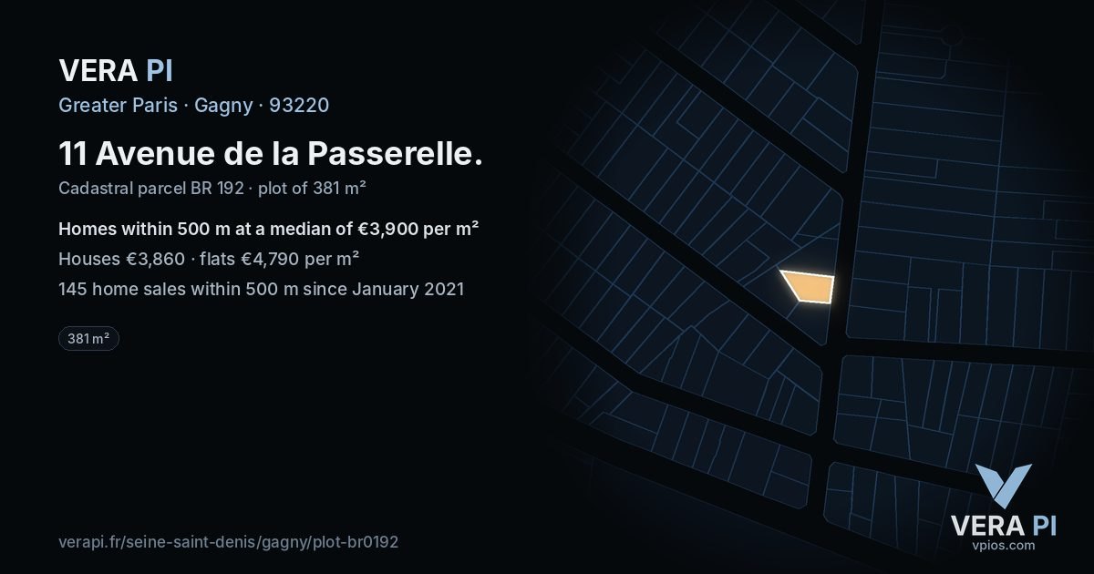 11 Avenue de la Passerelle, Gagny at night – the plot lit, the parcels around coloured by the prices near them
