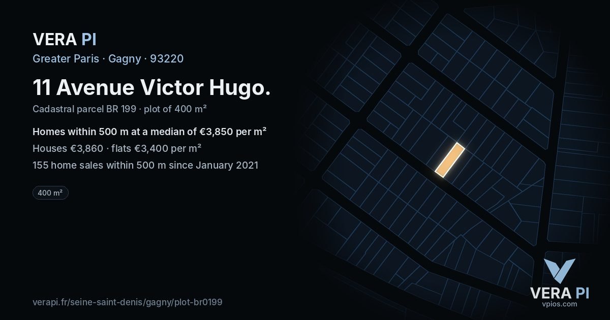 11 Avenue Victor Hugo, Gagny at night – the plot lit, the parcels around coloured by the prices near them
