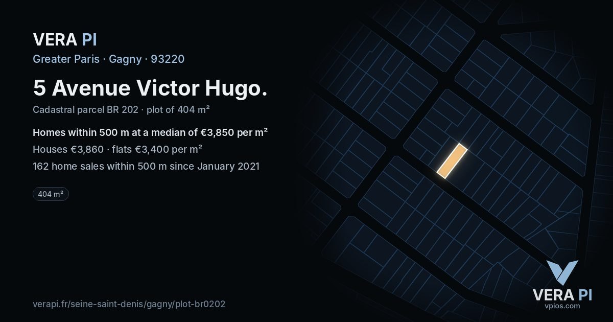 5 Avenue Victor Hugo, Gagny at night – the plot lit, the parcels around coloured by the prices near them