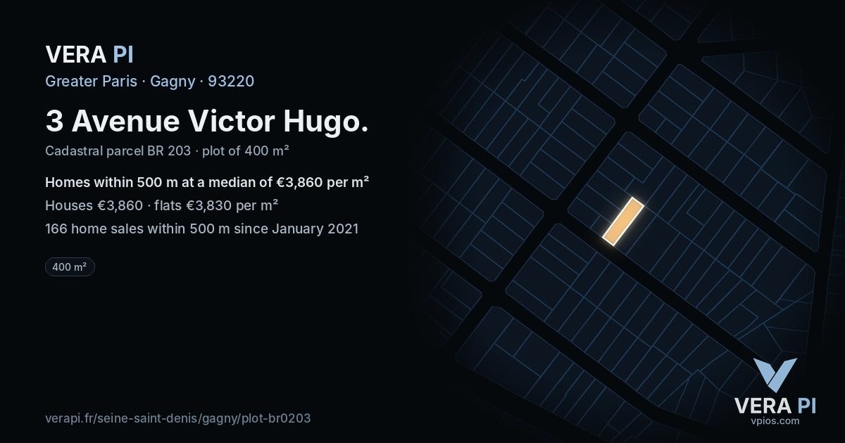 3 Avenue Victor Hugo, Gagny at night – the plot lit, the parcels around coloured by the prices near them