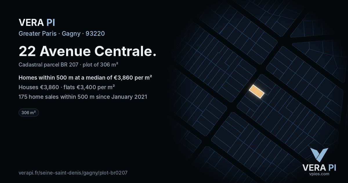 22 Avenue Centrale, Gagny at night – the plot lit, the parcels around coloured by the prices near them