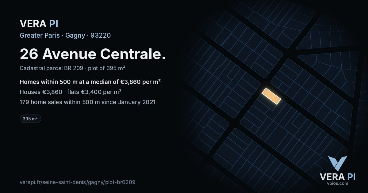26 Avenue Centrale, Gagny at night – the plot lit, the parcels around coloured by the prices near them