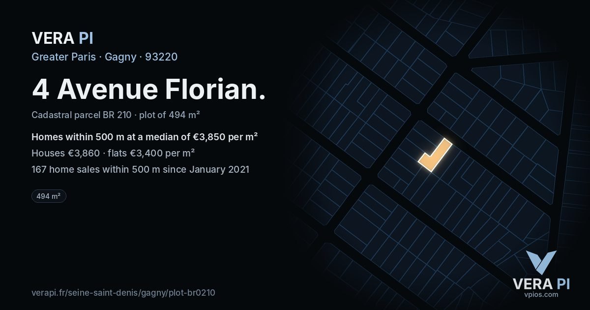 4 Avenue Florian, Gagny at night – the plot lit, the parcels around coloured by the prices near them