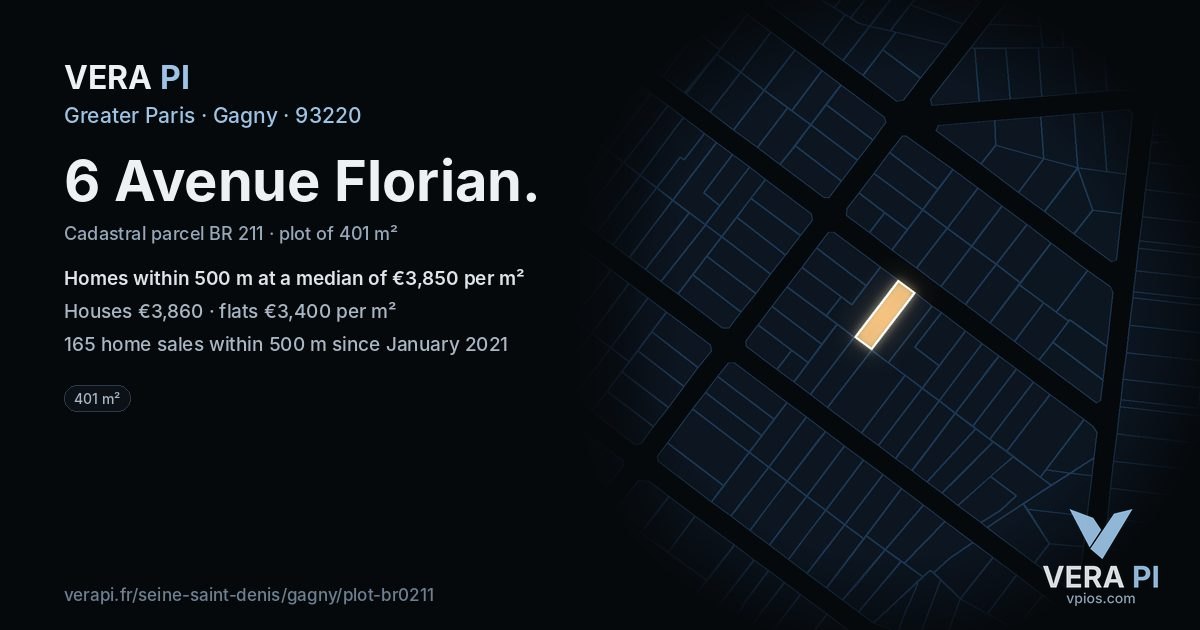 6 Avenue Florian, Gagny at night – the plot lit, the parcels around coloured by the prices near them