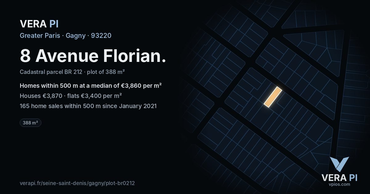 8 Avenue Florian, Gagny at night – the plot lit, the parcels around coloured by the prices near them