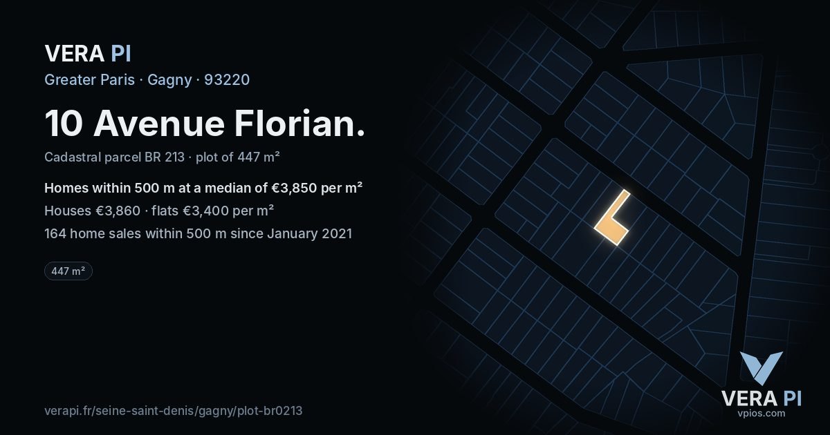 10 Avenue Florian, Gagny at night – the plot lit, the parcels around coloured by the prices near them