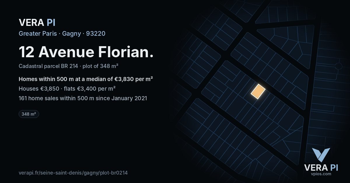 12 Avenue Florian, Gagny at night – the plot lit, the parcels around coloured by the prices near them