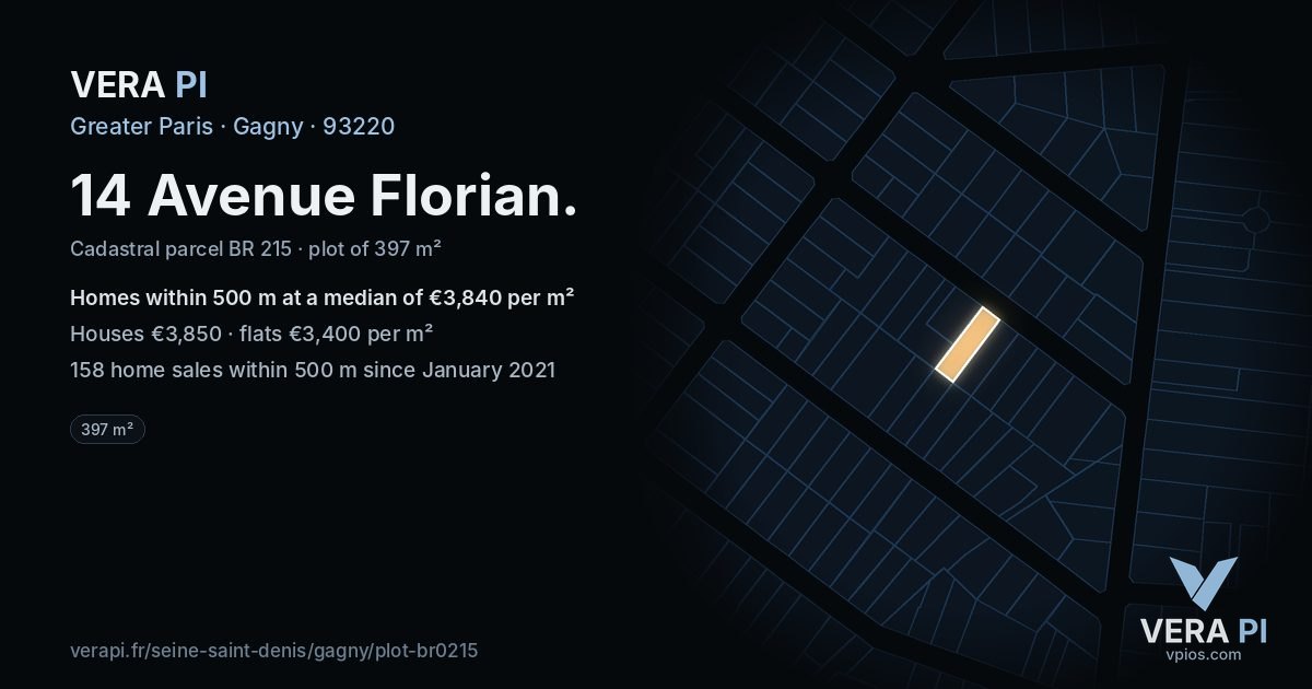 14 Avenue Florian, Gagny at night – the plot lit, the parcels around coloured by the prices near them