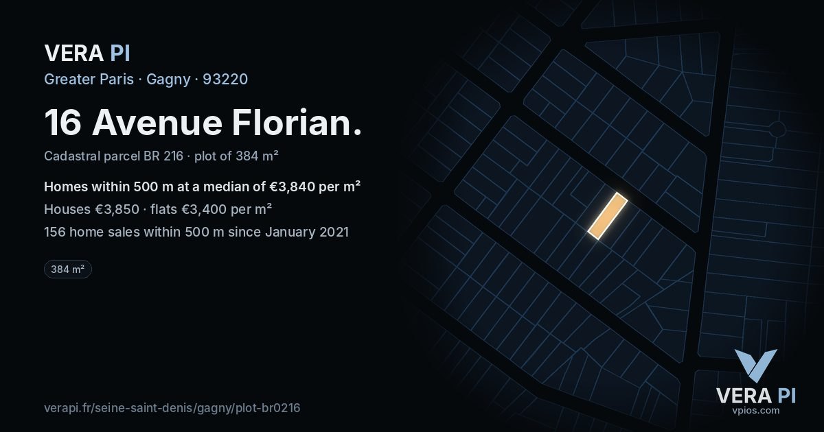 16 Avenue Florian, Gagny at night – the plot lit, the parcels around coloured by the prices near them