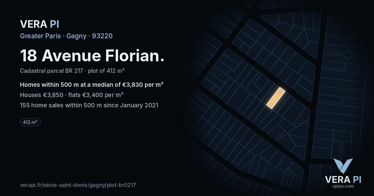 18 Avenue Florian, Gagny at night – the plot lit, the parcels around coloured by the prices near them