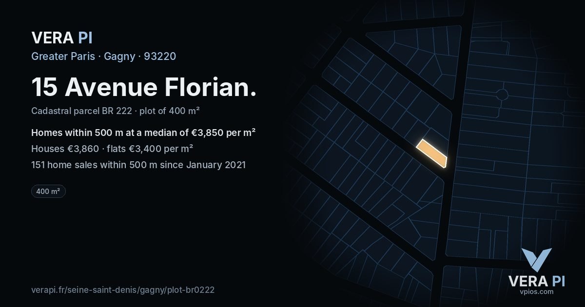 15 Avenue Florian, Gagny at night – the plot lit, the parcels around coloured by the prices near them