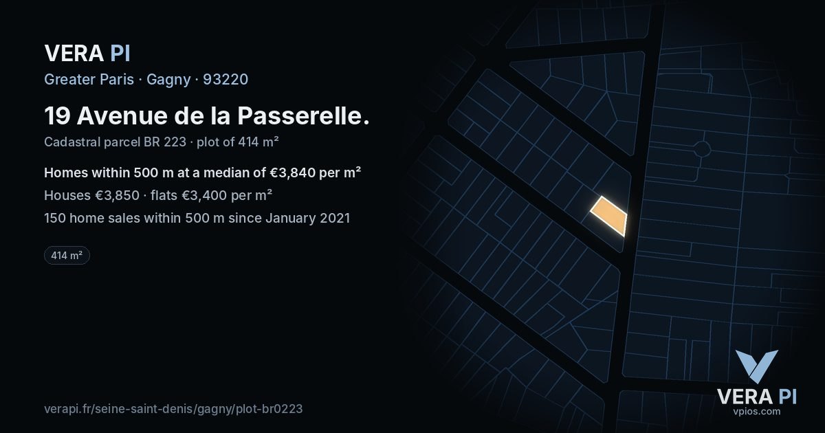 19 Avenue de la Passerelle, Gagny at night – the plot lit, the parcels around coloured by the prices near them