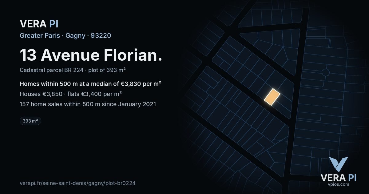 13 Avenue Florian, Gagny at night – the plot lit, the parcels around coloured by the prices near them