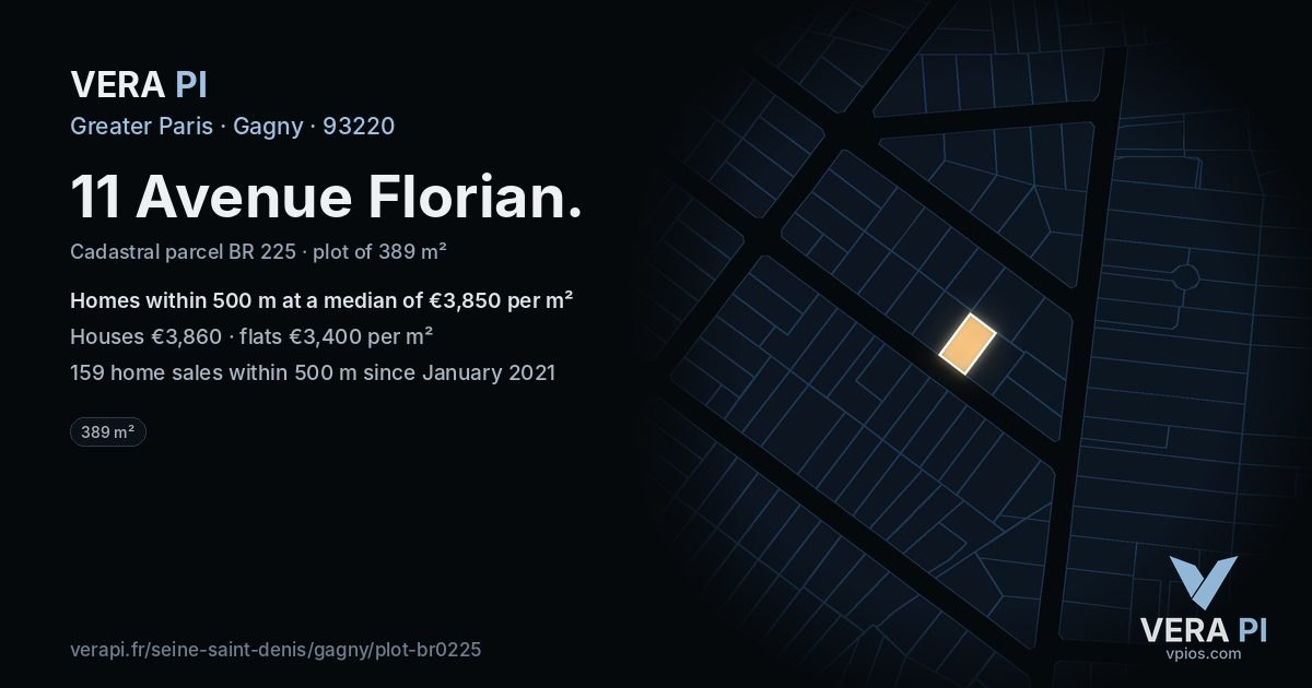 11 Avenue Florian, Gagny at night – the plot lit, the parcels around coloured by the prices near them