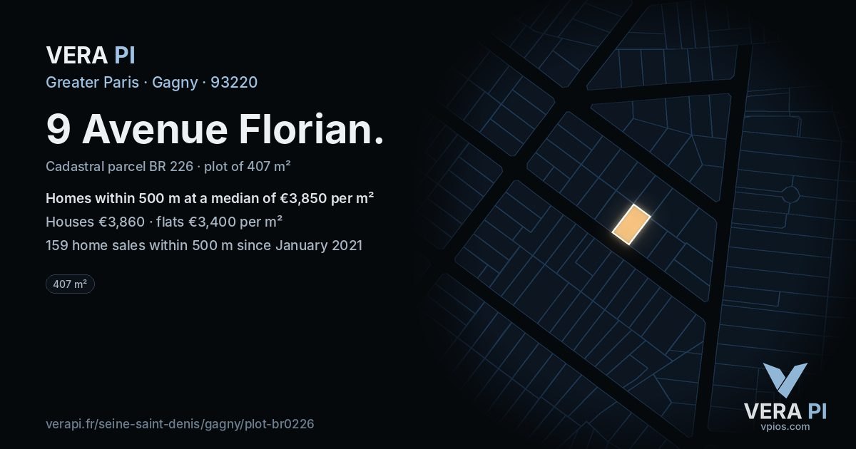 9 Avenue Florian, Gagny at night – the plot lit, the parcels around coloured by the prices near them