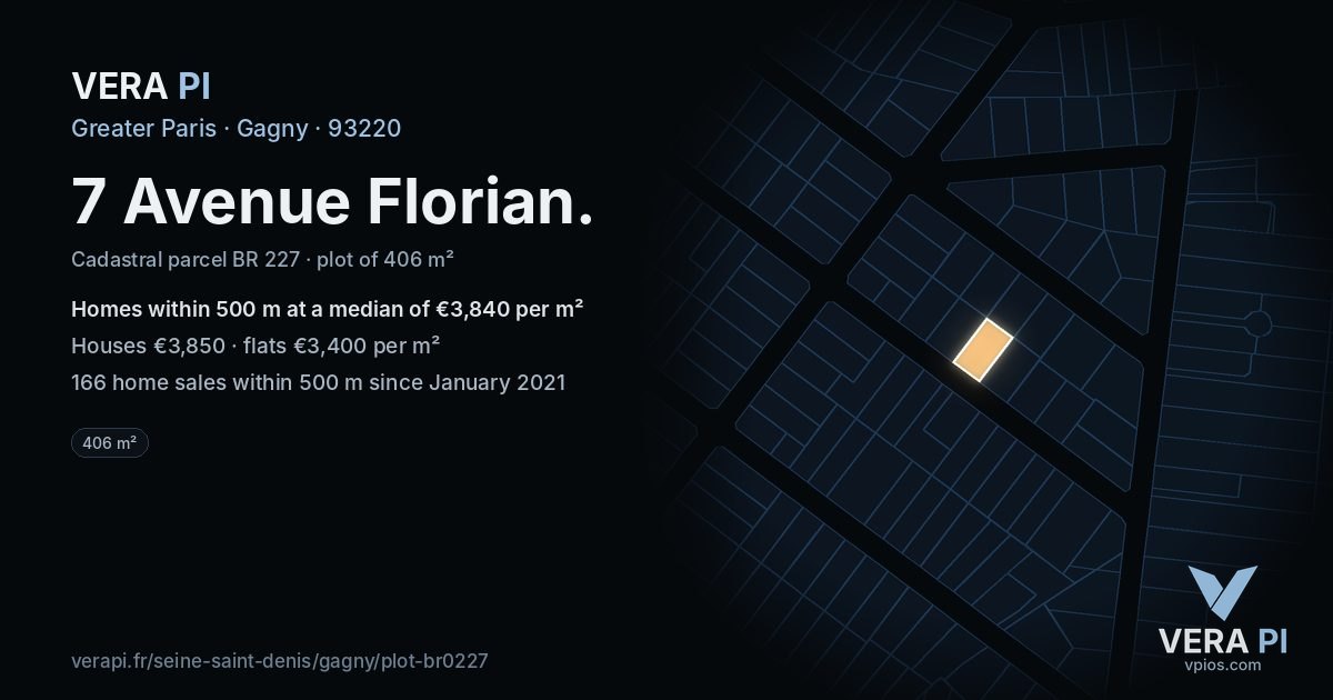 7 Avenue Florian, Gagny at night – the plot lit, the parcels around coloured by the prices near them