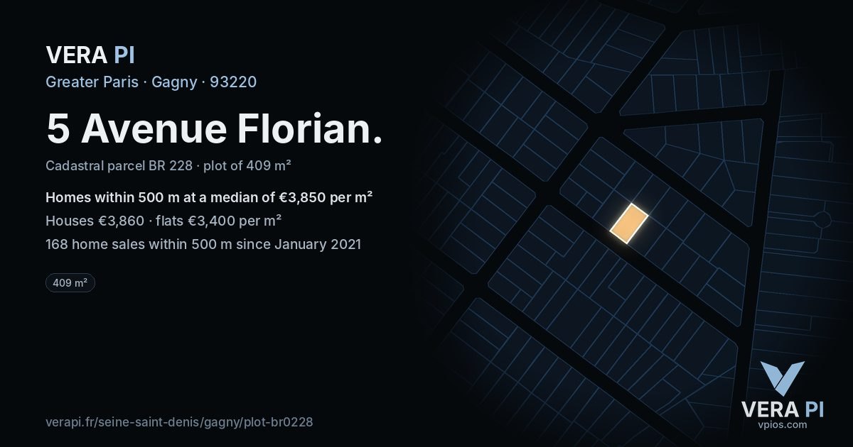 5 Avenue Florian, Gagny at night – the plot lit, the parcels around coloured by the prices near them