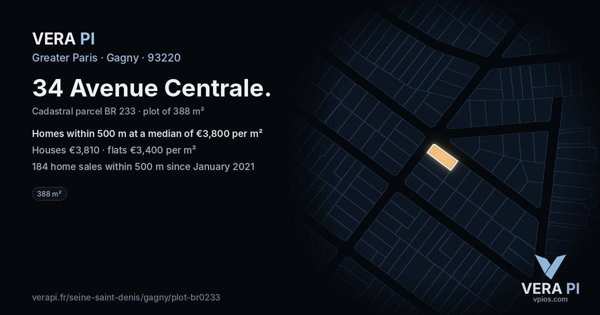 34 Avenue Centrale, Gagny at night – the plot lit, the parcels around coloured by the prices near them