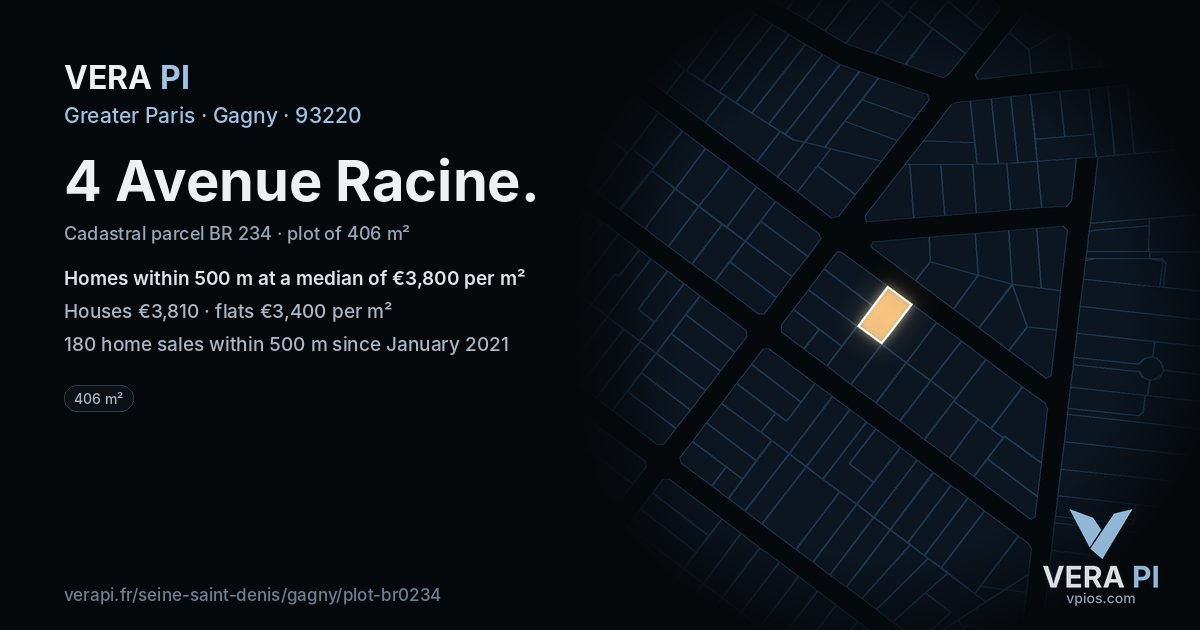 4 Avenue Racine, Gagny at night – the plot lit, the parcels around coloured by the prices near them