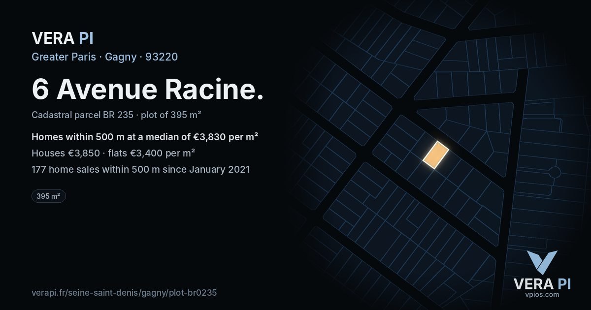 6 Avenue Racine, Gagny at night – the plot lit, the parcels around coloured by the prices near them