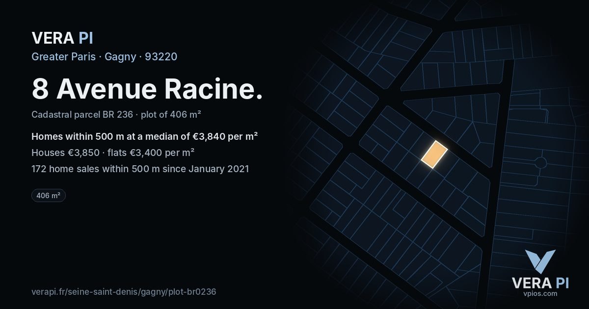 8 Avenue Racine, Gagny at night – the plot lit, the parcels around coloured by the prices near them