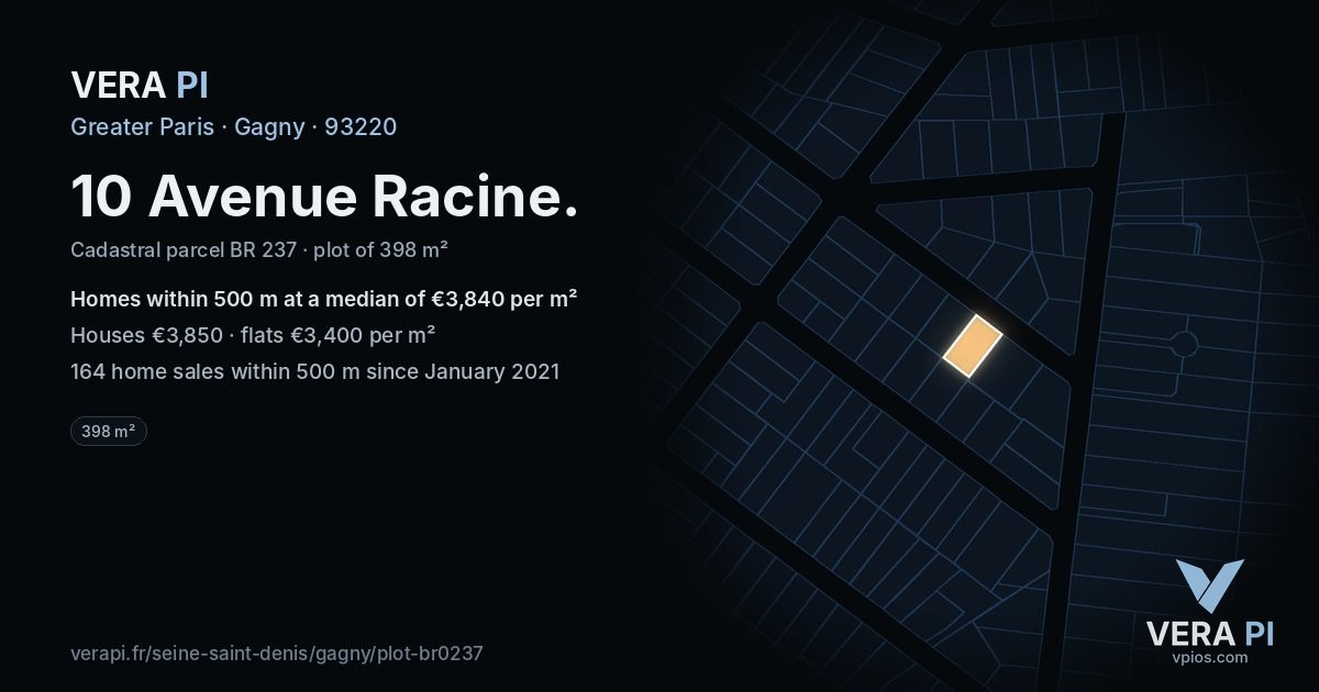 10 Avenue Racine, Gagny at night – the plot lit, the parcels around coloured by the prices near them