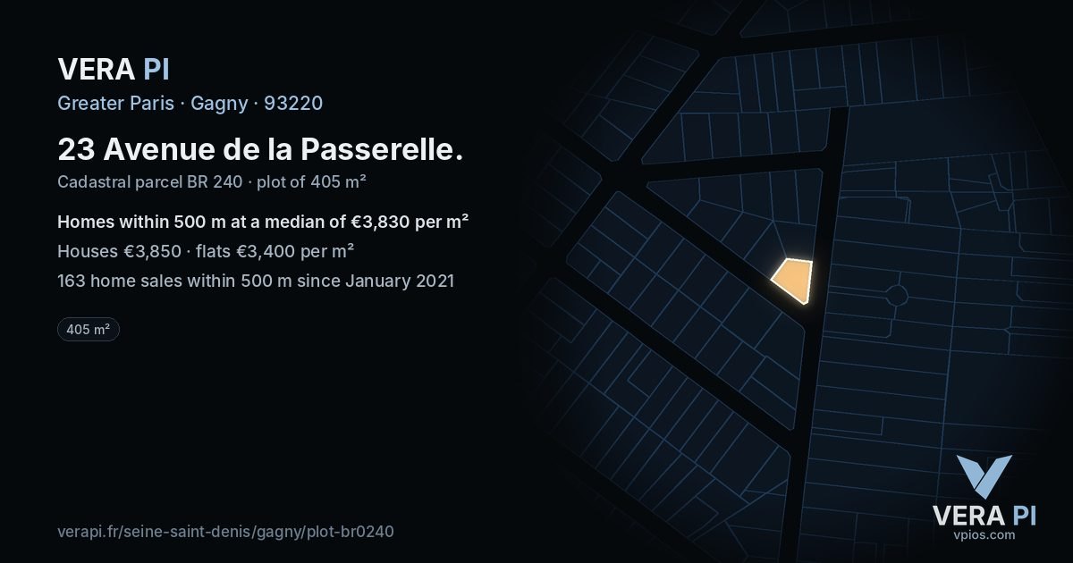 23 Avenue de la Passerelle, Gagny at night – the plot lit, the parcels around coloured by the prices near them